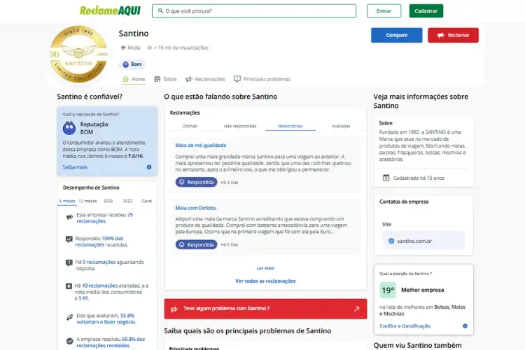 Avaliação da mala Santino no Reclame Aqui.