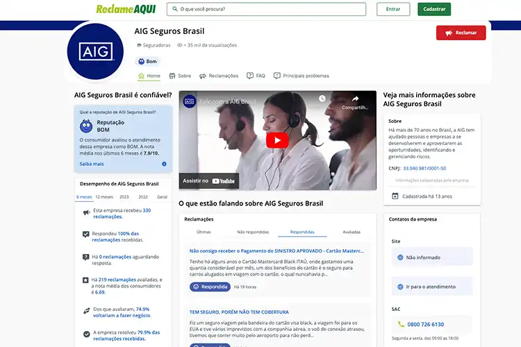 Perfil da AIG no Reclame Aqui