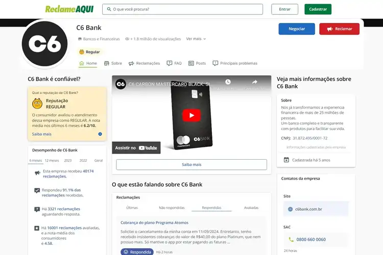C6 Bank no site Reclame Aqui