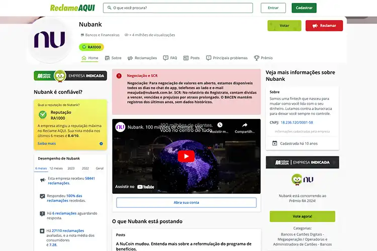 Perfil do Nubank no Reclame Aqui