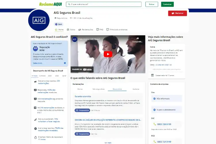 Perfil da AIG Seguros no Reclame Aqui