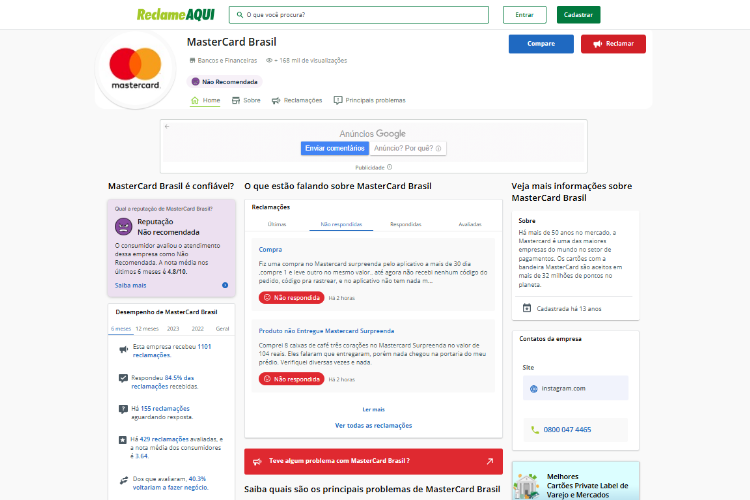 Perfil da Mastercard no Reclame Aqui
