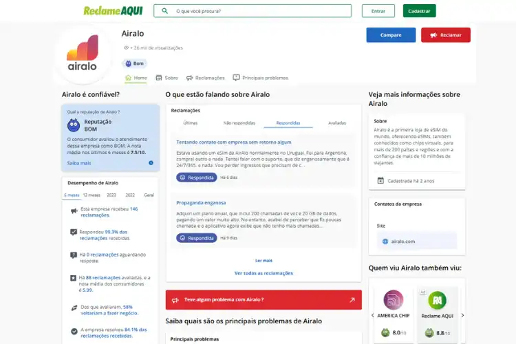 Avaliação do chip Airalo no Reclame Aqui