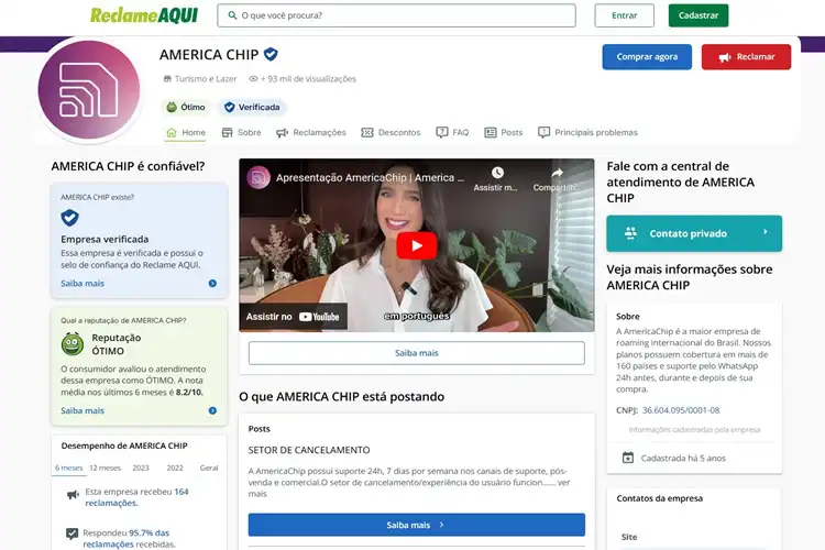 Página principal da America Chip Reclame Aqui