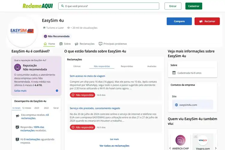 Página principal da Easysim4u Reclame Aqui