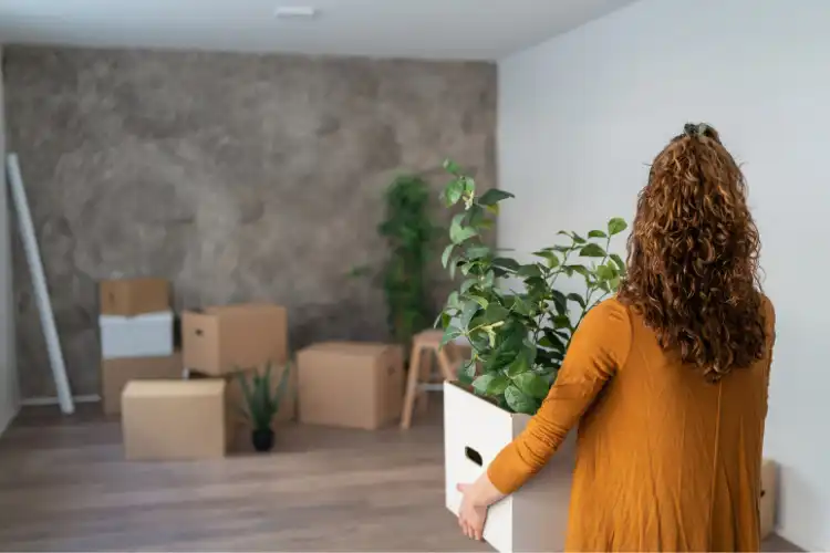 Mulher segurando um vaso de plantas.