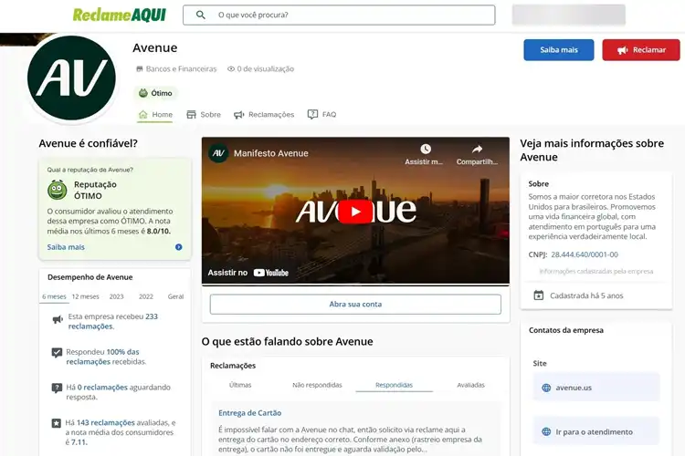 Perfil da Conta Avenue no Reclame Aqui