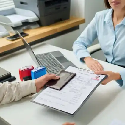 Entregando documentos e passaporte