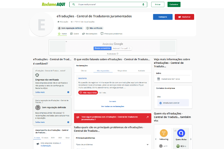 Captura de tela da eTraduções no Reclame Aqui