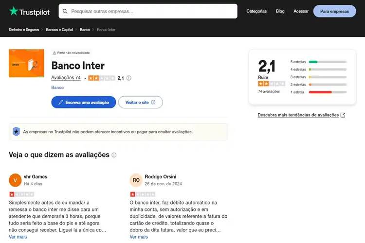 Página do Trustpilot