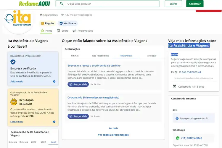 Avaliação da Ita seguros no Reclame Aqui
