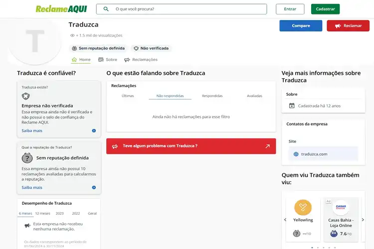 Perfil da Traduzca no Reclame Aqui