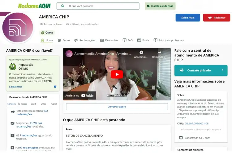 Captura de tela do perfil da America Chip no Reclame Aqui