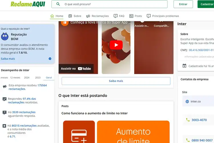 Avaliação do Banco Inter no Reclame Aqui
