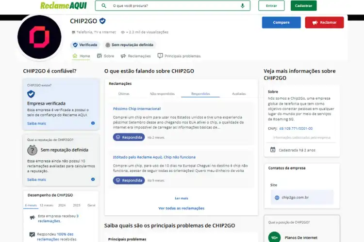 Perfil da Chip2go no Reclame Aqui