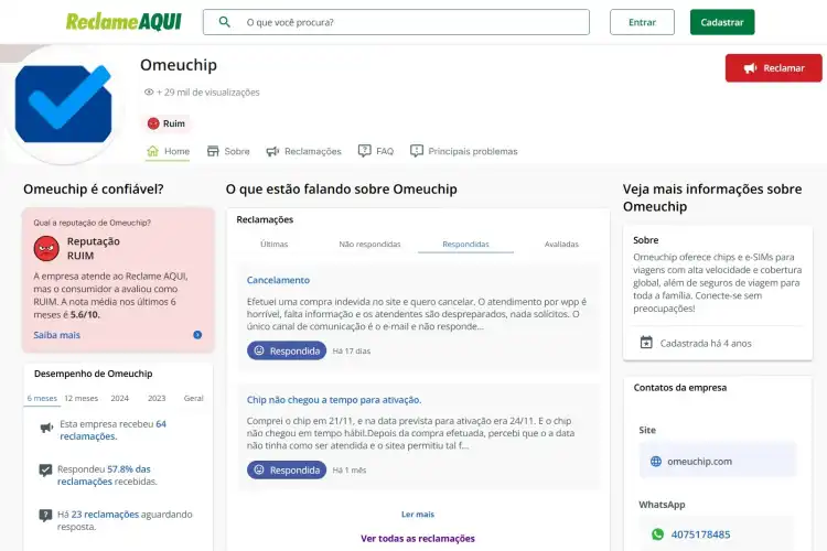 Captura de tela do perfil do Omeu Chip no Reclame Aqui
