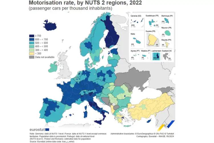 Mapa apresenta a quantidade de carros por país na Europa.