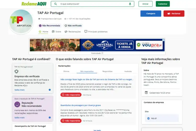 Perfil da TAP no Reclame Aqui