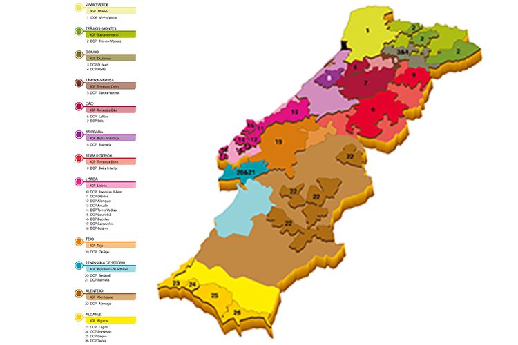 Mapa das regiões vinhos portugueses