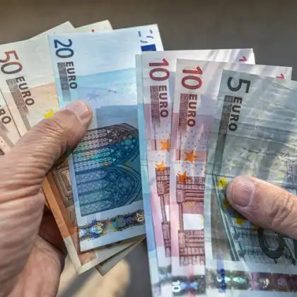 Notas de euro na mão de trabalhador.