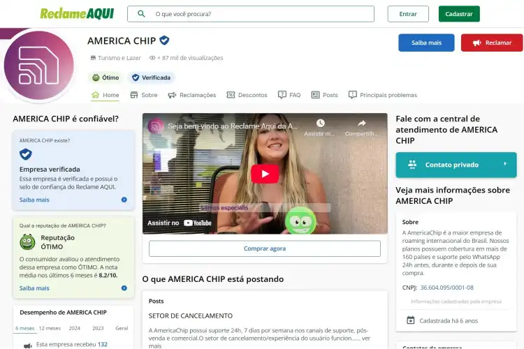 Captura de tela do perfil da America Chip