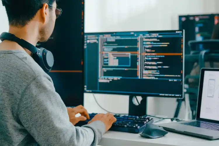 Profissional de TI desenvolvendo programa no computador.
