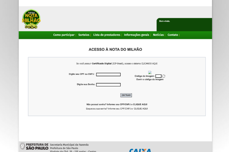 Captura de tela do site da Prefeitura de São Paulo para emissão de NF