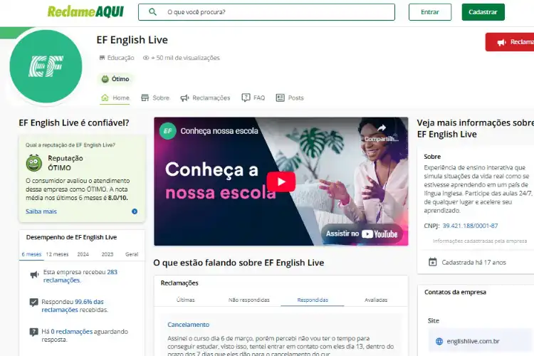 Perfil da English Live no Reclame Aqui
