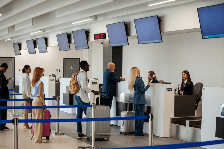 Pessoas na fila do check-in em um aeorporto
