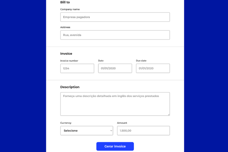 captura de tela do gerador de invoice da Remessa Online