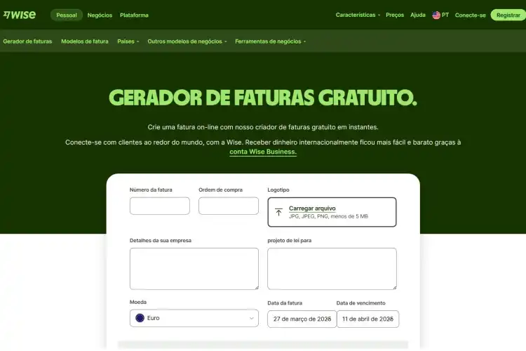 gerador de invoice no site da Wise