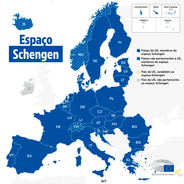 Mapa Schengen atualizado em 2025