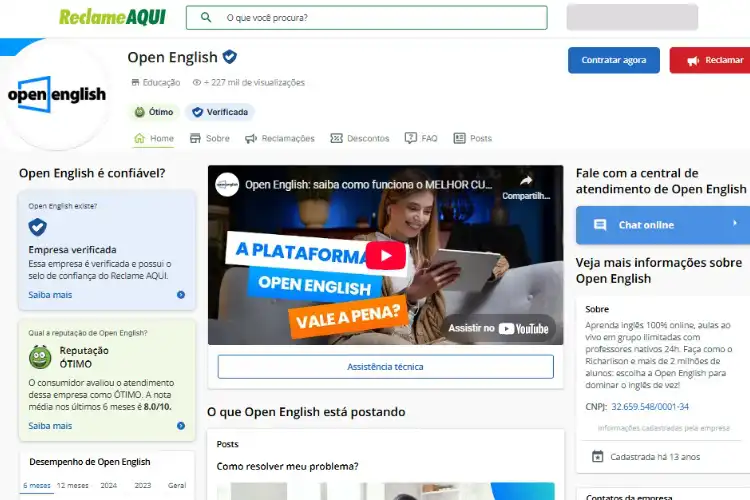 Perfil da Open English no Reclame Aqui