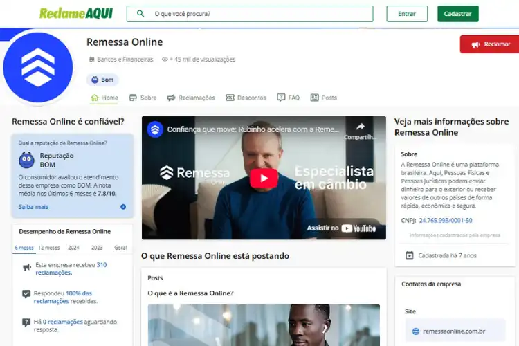 Perfil da Remessa Online no Reclame Aqui