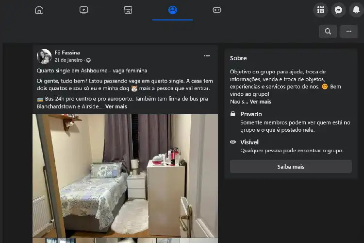 Anúncio postado no Facebook de quarto para alugar na Irlanda