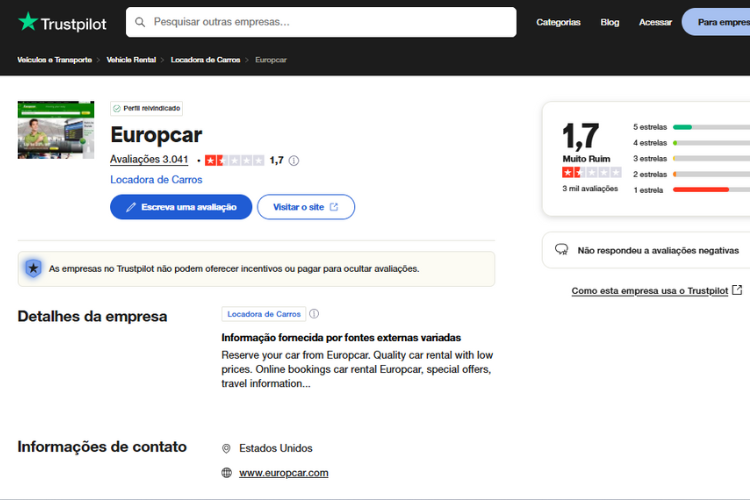 Avaliação da locadora Europcar no Trustpilot
