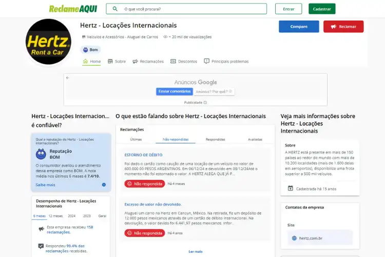Avaliação da locadora Hertz no Reclame Aqui