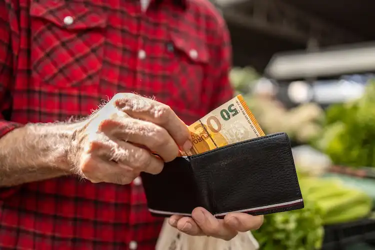 Homem carteira e notas de Euro considerando melhores países para aposentadoria na Europa