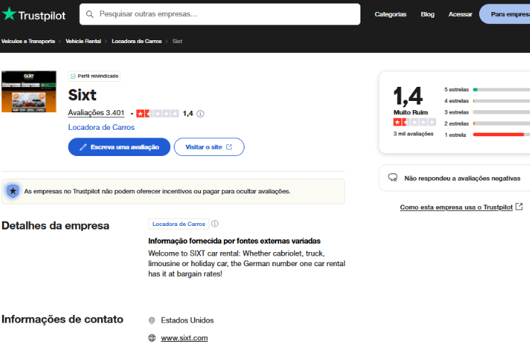 Avaliação da locadora Sixt no Trustpilot