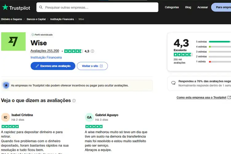 Wise para empresas tem boas avaliações no Trust Pilot
