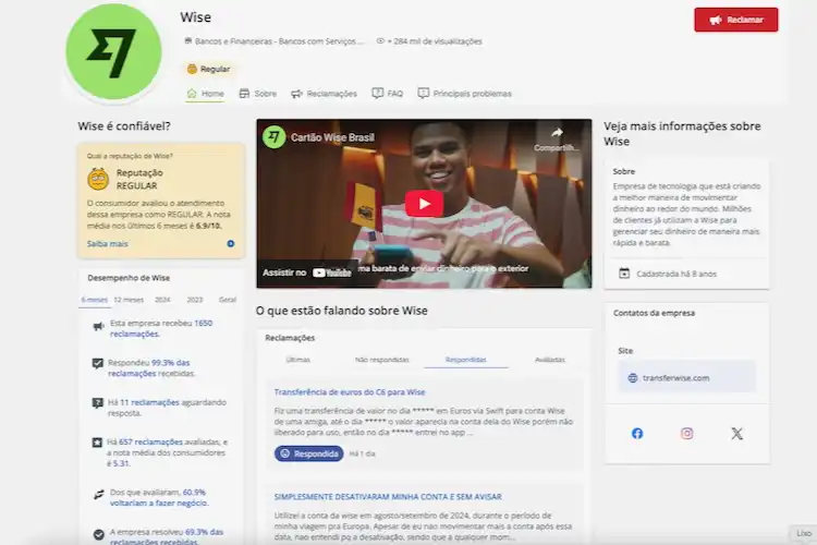 Reputação da Wise no Reclame Aqui