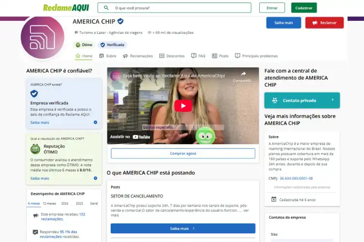 Perfil da America Chip no Reclame Aqui