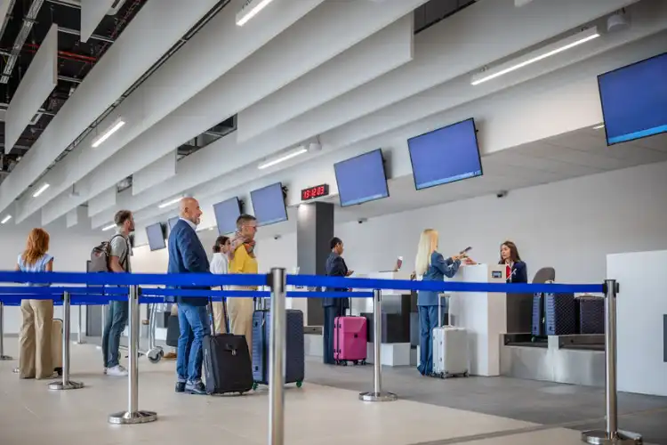 Passageiros na fila de embarque.