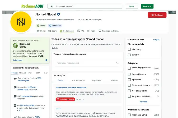 Perfil da Nomad no Reclame Aqui