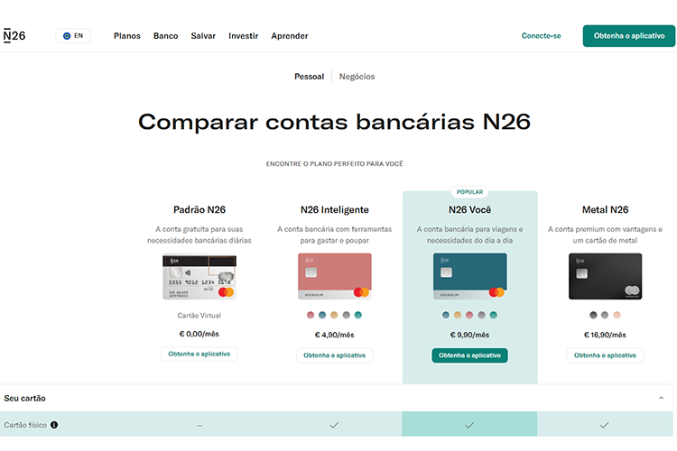 Comparação de contas N26 no site do banco