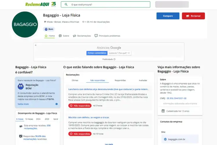 Perfil da Bagaggio no Reclame Aqui.