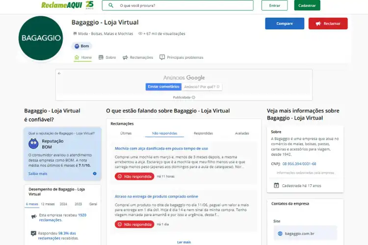 Perfil da loja virtual Bagaggio no Reclame Aqui.