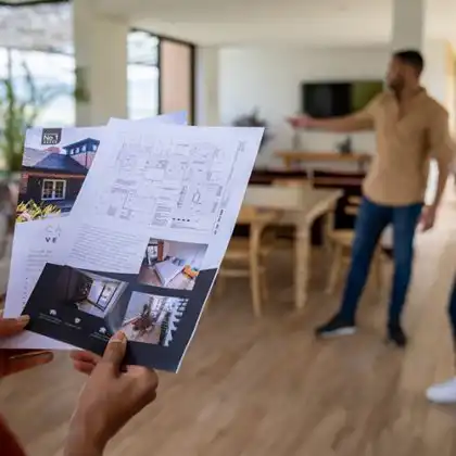 Profissional de relocation em Portugal olhando folheto de casa em exibição imobiliária