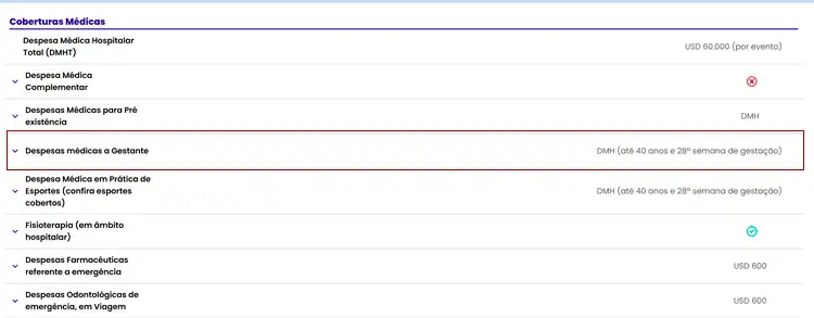 Print do site Melhor seguro da Cobertura despesas médicas gestante