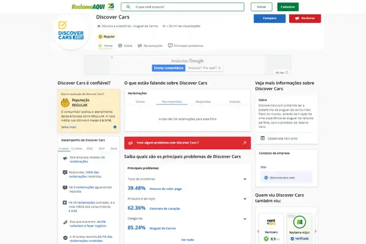 Perfil da DiscoverCars no Reclame Aqui